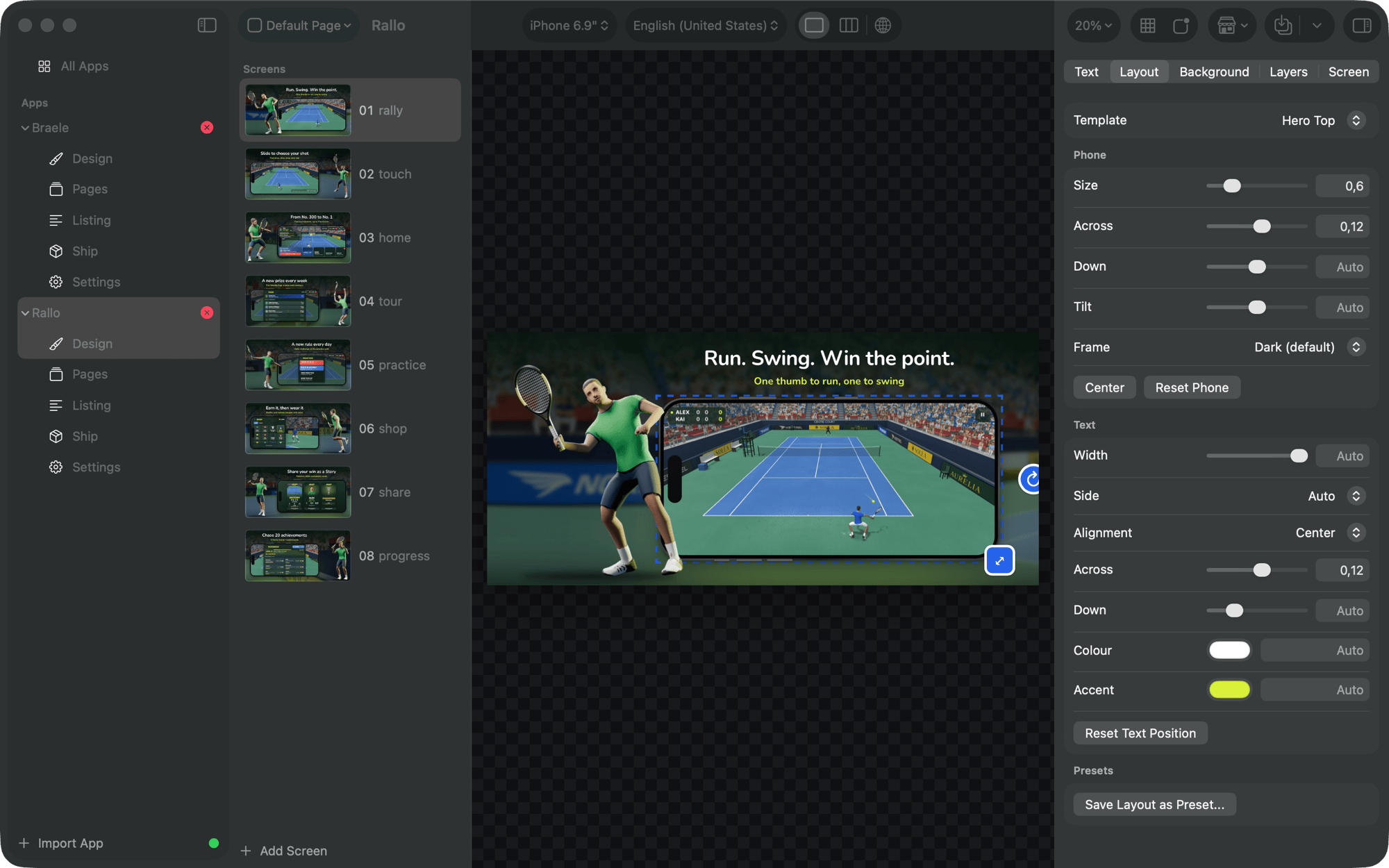Design: the screens on the left, the canvas, and the inspector