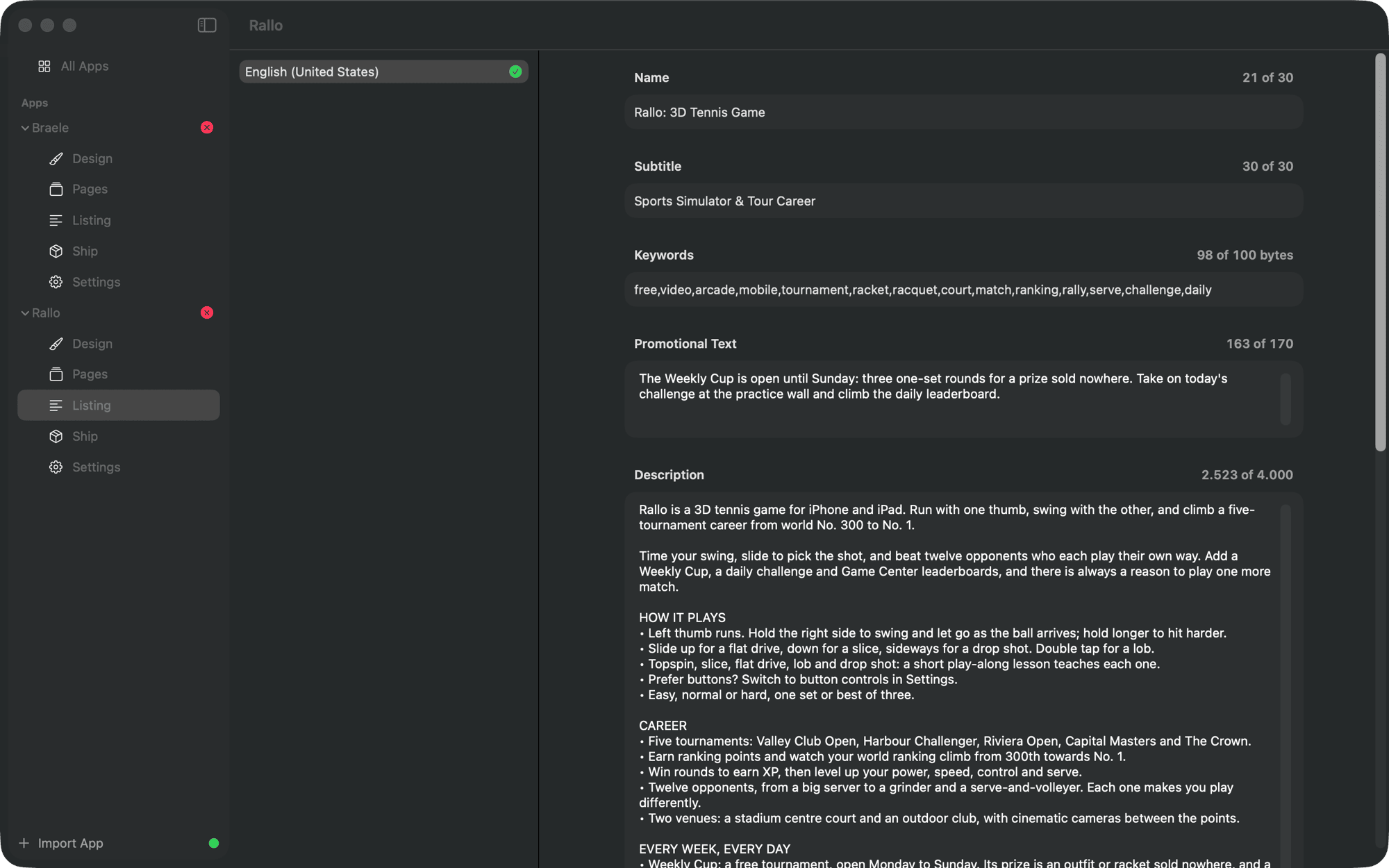 Listing: the store text for one language, each field with the room it has left