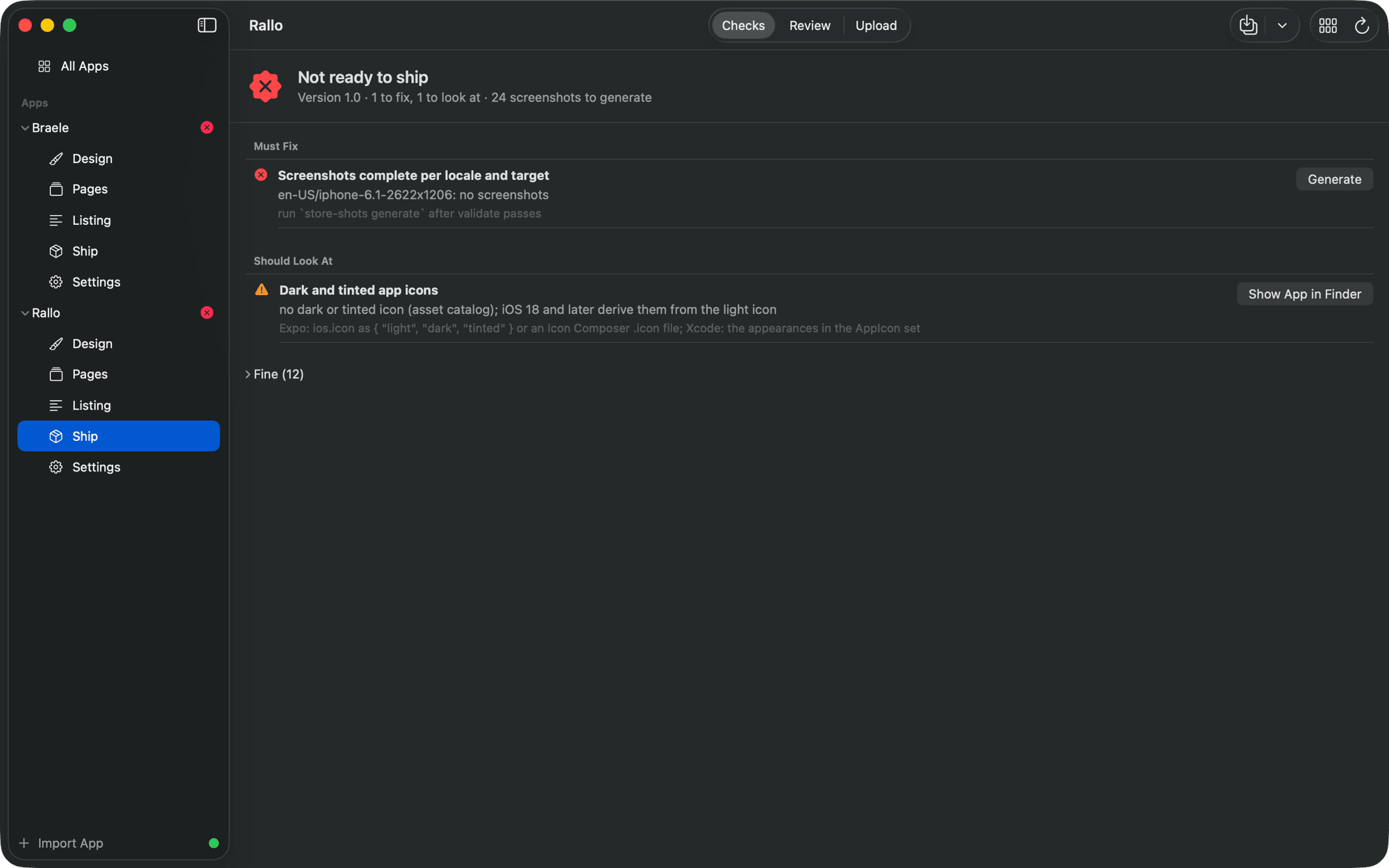 Ship: the checks, each with how to fix it