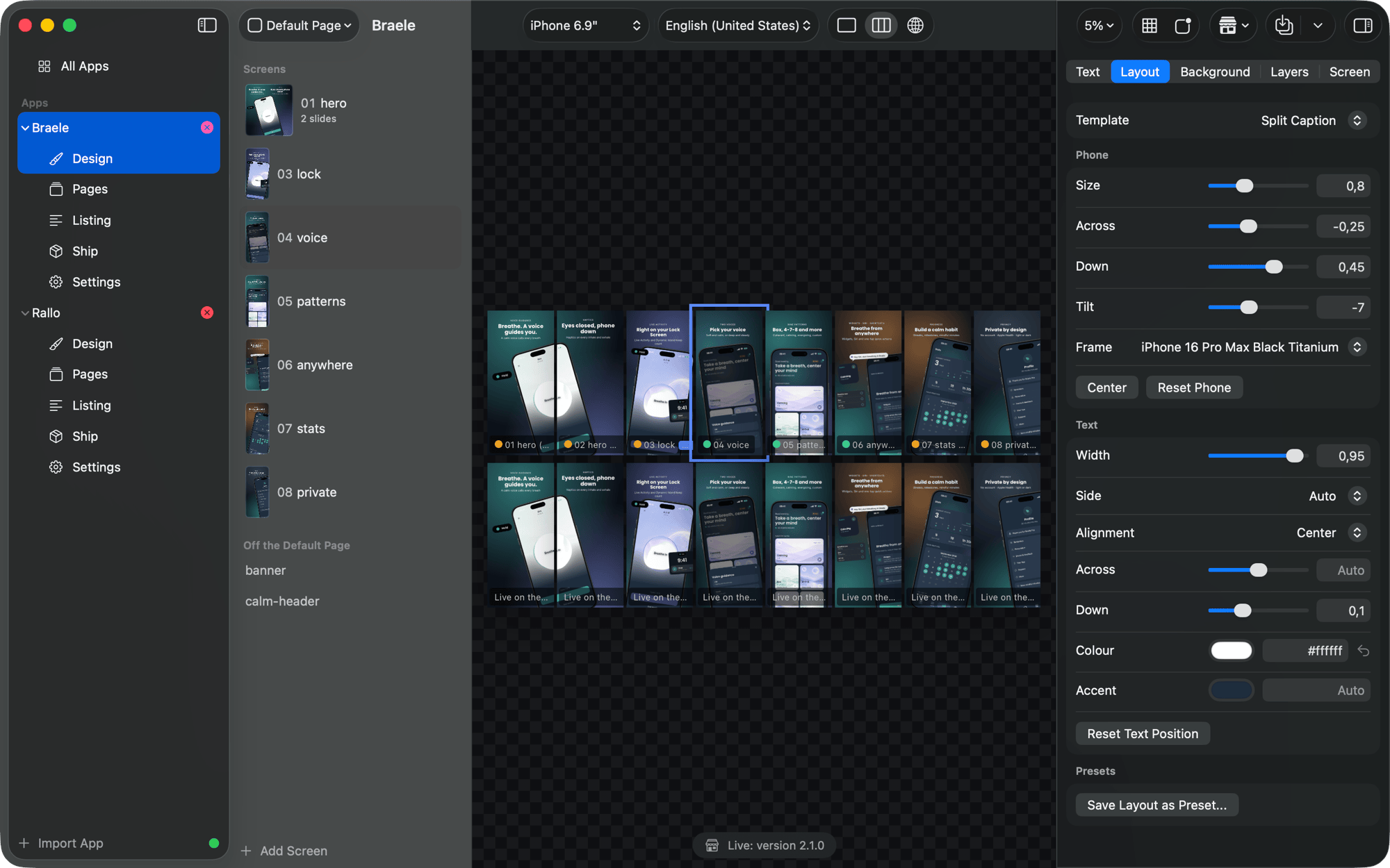 Strip: the drafts on top, the live App Store listing underneath