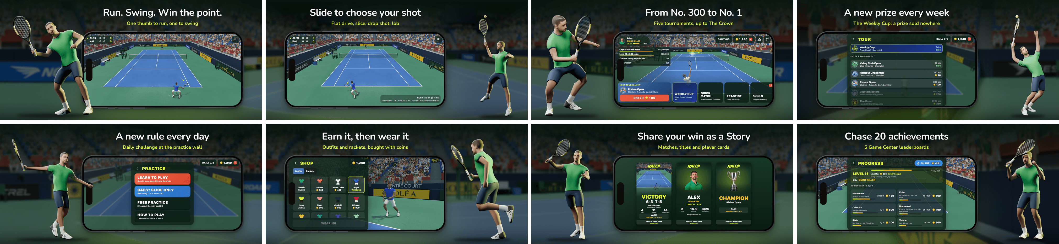 Rallo's App Store listing: eight landscape screenshots in one stadium, a 3D player in front of each phone